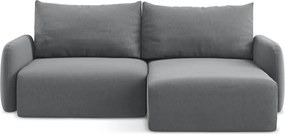 Szary aksamitny rozkładany narożnik ze schowkiem (prawostronny/z szezlongiem) Kalena – Makamii