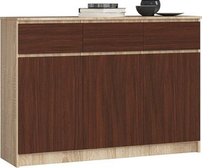 Komoda AKORD K140 Dąb Sonoma 138 cm 3 drzwi 3 szuflady kolor Wenge mat 6 półek 138x40x99 cm