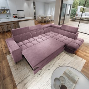 Masseno Narożnik MORIVA z funkcją spania i pojemnikiem na pościel Narozniki L, Rozkładana sofa - Wrzosowy, MONOLITH 62