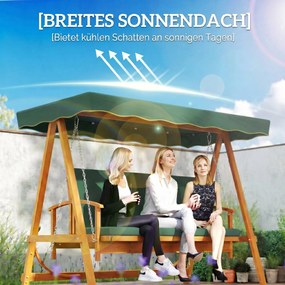 Outsunny Huśtawka ogrodowa z daszkiem, drewniana, z funkcją leżanki, dla 3 osób, Ciemnozielona
