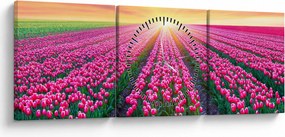 Obraz pole tulipanów ze słońcem (z zegarem) (90x30 cm)