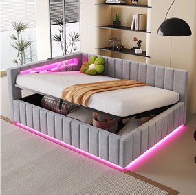 Sofa rozkładana 140x200 cm z pojemnikiem, oświetleniem LED i portem USB – jasnoszary aksamit (bez materaca)