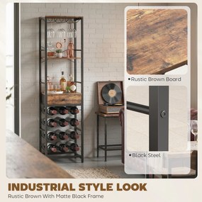 HOMCOM Szafka barowa z szufladą, przemysłowy barek, regał na 12 butelek, uchwyt na kieliszki, rustykalny brąz | Aosom PL