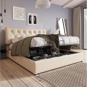 Łóżko podwójne z hydraulicznym schowkiem - 160 x 200 cm - z regulowanym zagłówkiem + stelaż z listew - len - naturalny