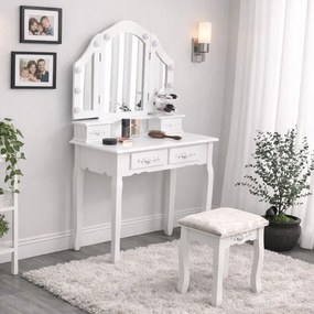 Toaletka retro z lustrem, taboretem i oświetleniem Noemi DT01, kolor biały