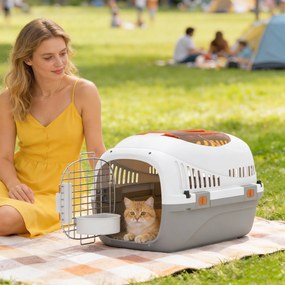 PawHut Transporter dla kota i małych psów do 4 kg z otworem w dachu, miską, jasnoszary, 49x32x31 cm | Aosom PL