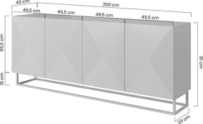 Komoda Asha 200 cm czterodrzwiowa - czarny mat / czarny stelaż