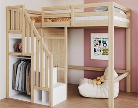 Łóżko na antresoli 90x200 cm - z drabinką zabezpieczającą + szafą - rama z litego drewna - kolor naturalny (materac nie jest wliczony w cenę)