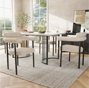 Zestaw stół jadalny + 4 krzesła welurowe - 140 x 80 x 75 cm - MDF drewno i metal - Blat imitujący marmur - Beż + biel