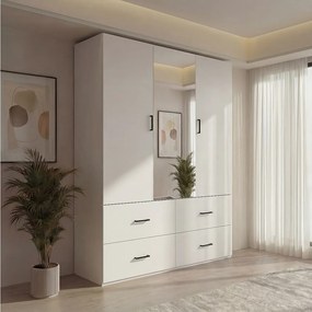 Biała szafa narożna z lustrem, 2 drzwi, 4 szuflady, 130x52x182 cm, przechowywanie ubrań dla dorosłych