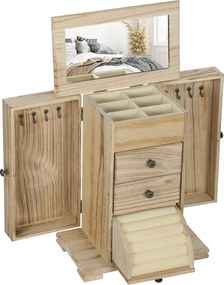 HOMCOM Szkatułka na biżuterię, organizer, 4-poziomowy układ, z wbudowanym lustrem, drewno, brązowy