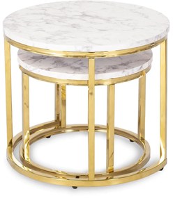 Zestaw Stolików Kawowych OLIS 43 cm/53 cm Biały Marmur Złoty do Salonu Glamour