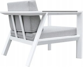 Zestaw mebli ogrodowych biały aluminium sofa fotele stolik drewniane detale