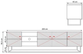 Szafka RTV Asha 200 cm z ryflowanym frontem, wnękami i metalowym stelażem - artisan / rivier stone mat