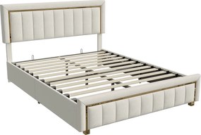 Łóżko z Pojemnikiem 160x200 cm Beżowy Aksamit z Pikowanym Zagłówkiem i Przechowywaniem, Współczesny Skandynawski Design, Nośność 250 kg, Bez Materaca