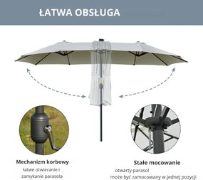 Outsunny Parasol z Oświetleniem LED Solar 4,5m, Podwójny Parasol Ogrodowy, Markiz, Tarasowy Okrągły Jasnoszary+Czarny