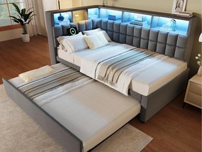 Rozkładana sofa 90x200cm - z wsuwanym łóżkiem - z oświetleniem LED - z głośnikiem Bluetooth i portem ładowania - tkanina lniana - szary
