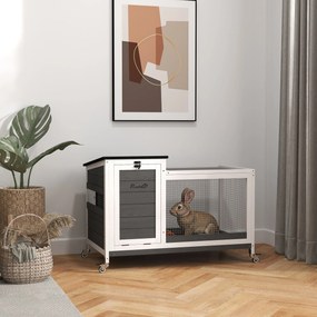 Drewniana klatka dla królików PawHut z wybiegiem i kółkami, otwieranym dachem, dla użytku zewnętrznego i wewnętrznego 92 x 52 x 67 cm, Ciemnoszara