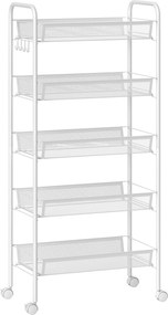 HOMCOM Kuchenny wózek z 5 drucianymi koszami, 4 haczykami, 4 kółkami i 2 uchwytami, stal/plastik, 45x26,5x106 cm, biały | Aosom PL