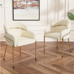 Zestaw 2 krzeseł do jadalni z beżowego aksamitu z tapicerowanym oparciem i złotymi metalowymi nogami