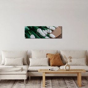 Obraz bukietu białych tulipanów (z zegarem) (90x30 cm)