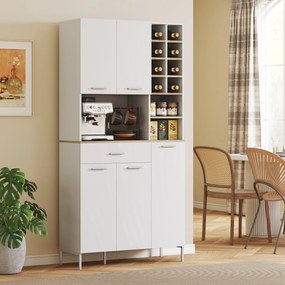 HOMCOM Szafka kuchenna z otwartymi regałami, przegródkami, stojak na wino, schowek z 5 drzwiami, MDF, Biały