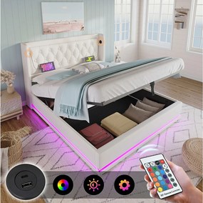 Łóżko tapicerowane dwuosobowe ze schowkiem - 180 x 200 cm - z zagłówkiem + portem USB + oświetleniem LED + hydraulicznym schowkiem - Bawełna - białe