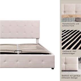 Łóżko ze schowkiem i regulowanym zagłówkiem - 140 x 200 cm - tkanina welurowa - stelaż z listew - kolor biały