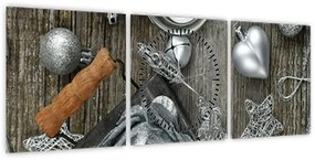 Obraz - srebrne ozdoby świąteczne (z zegarem) (90x30 cm)