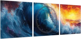 Obraz - Fala o zachodzie słońca (z zegarem) (90x30 cm)