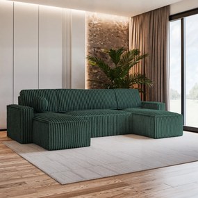 Masseno Narożnik PESANO z funkcją spania i pojemnikiem na pościel Narozniki U, Rozkładana sofa - Butelkowa zieleń, TILIA 39