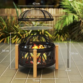 Outsunny 2-w-1 Misa Ogniowa Ø75 x 58 cm Palenisko z Osłoną Funkcyjną Hak do Palenia Kratka do Grilla Czarny