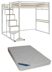 Łóżko antresola 140 x 200 cm - Metal i MDF - Biały + Materac - JOGUI