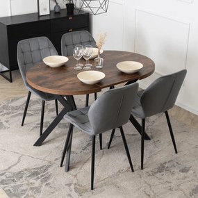 Zestaw Stół Okrągły Rozkładany DORIAN 80-160 cm Dąb Rustykalny/Czarny i 4 Krzesła Tapicerowane do Jadalni LUCKY Szare Welurowe