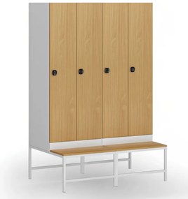Szafka ubraniowa S1 z ławką, 2-drzwiowa, 1875 x 600 x 500/800 mm, demontaż, zamek kodowy, drzwi laminowane, brzoza