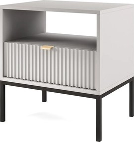 Stolik Nocny Elegancki Nova – Design z złotym uchwytem, fasada Geriffelt, praktyczny i nowoczesny, 54x56x39 cm, matowy szary, czarne metalowe nogi