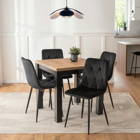 Zestaw Stół Kwadratowy Rozkładany MAX 80-160 cm Dąb Craft/Czarny i 4 Krzesła ROBIN Czarne Welurowe