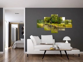Obraz - Rzeka przy lesie, obraz olejny (125x70 cm)