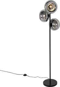 Lampa podłogowa art deco czarna z przydymionym szkłem 3-światła - Ayesha