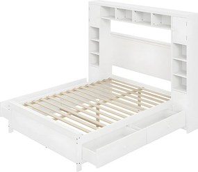 Łóżko podwójne 140x200cm - z 4 szufladami i dużą głową do przechowywania - z litego drewna - Białe