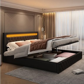 Łóżko ze schowkiem 140 x 200 cm - czarny PU - z oświetleniem LED - stelaż z listew - bez materaca