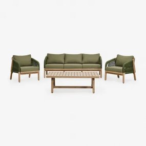 Zestaw Ogrodowy Z 3-osobową Sofą, 2 Fotelami I Stolikiem Kawowym Z Drewna Akacjowego Dubai Rustykalny Brąz Akacjowy & Tkaniny Verde Army - Sklum