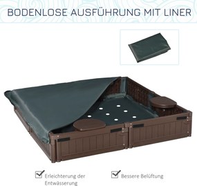 Outsunny Piaskownica z siedzeniami dla 4 osób, z podkładką i pokrowcem, dla dzieci w wieku od 3 do 12 lat, HDPE, 123 x 123 x 21 cm, brązowa