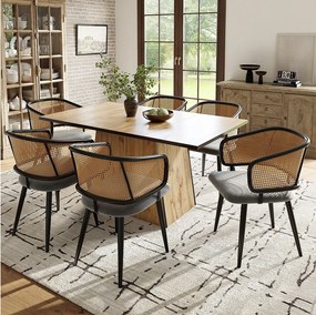 Zestaw 6 welurowych i rattanowych krzeseł do jadalni z metalowymi nogami o strukturze drewna – szary