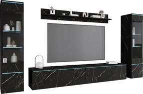 Zestaw mebli do salonu z LED 4 elementy – szafka RTV 180 cm, 2 witryny i półka, meblościanka stojąca lub wisząca, Marmurowy mat
