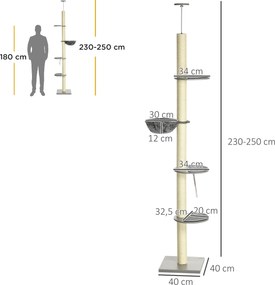 PawHut Funkcjonalna Drapak dla Kota z Hamakiem - Element Sufitowy, Szaro-Kremowy, 40x40x250cm - Aktywna Zabawa