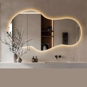 Lustro dekoracyjne o nieregularnym kształcie z podświetleniem FLOW Lagoon LED | Różne rozmiary | Różne kolory : Kolor tafli szkła - Srebrny, Rozmiar - 80 x 45