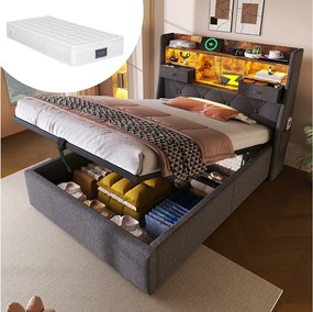 Łóżko z pojemnikiem 90 x 200 cm - Łóżko pojedyncze z 2 kieszeniami bocznymi i 2 szufladami - len szary - materac w zestawie