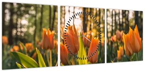 Obraz - kwiaty tulipanów (z zegarem) (90x30 cm)