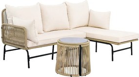 Zestaw mebli ogrodowych 4-osobowy - narożna sofa ogrodowa ze stali i plecionej liny - z niskim stolikiem - beżowa